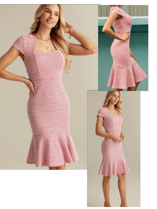 Grace Karin Dresses & Skirts - Grace Karin Pink Tweed Square-Neck Fit & Flare Midi Dress